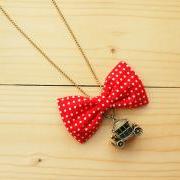 Bow Necklace, Red polka dot
