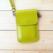 iPhone case, Leather bag with hand strap, Lime Green