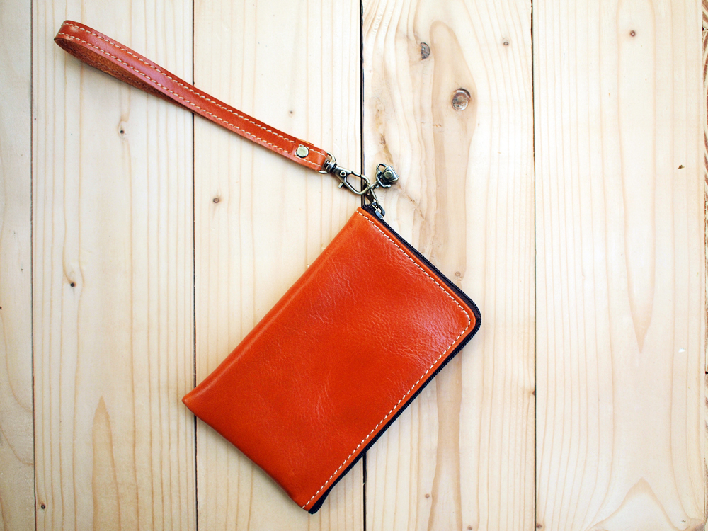 Leather Phone Bag, Slim Type, Hand Strap, Orange
