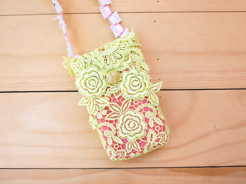 Iphone Case, Lace Bag With Strap, Lime Green And Pink