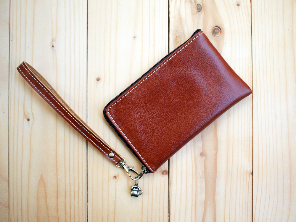 Leather Phone Bag, Slim Type, Hand Strap, Chocolate Brown